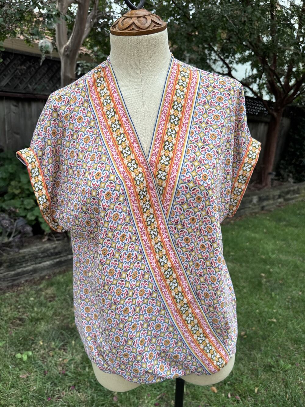 Max Studio Women's M Blouse Faux Wrap Short Sleeve Tunic Bohemian Multicolor